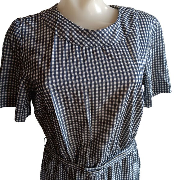 Vintage Gingham Dress Blue & White Short-Sleeve Belted Waist Back Zipper 1960's - Picture 2 of 7